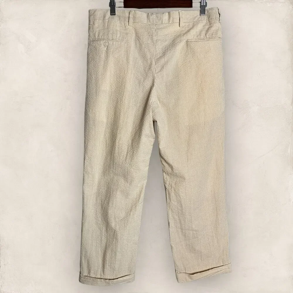 Jos A Bank Seersucker Trouser Pants Tan White Preppy Cuffed Pleated 34x28